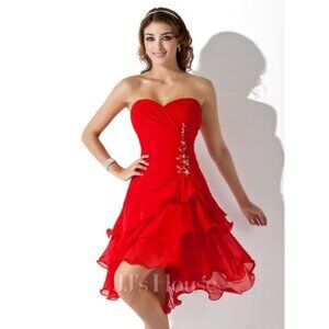 JJ'S House Red Strapless Ruffled Floral Rhinestone Accents Women's Mini Dress Si